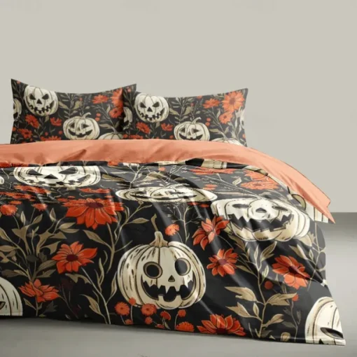 Halloween Duvet Cover Set Jack O Lantern Pumpkin Floral and Pumpkin Patterns for a Cozy Holiday Feel - Includes Duvet Cover and Pillowcases - Soft and Comfortable Fabric