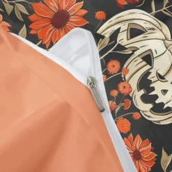 Halloween Duvet Cover Set Jack O Lantern Pumpkin Floral and Pumpkin Patterns for a Cozy Holiday Feel - Includes Duvet Cover and Pillowcases - Soft and Comfortable Fabric