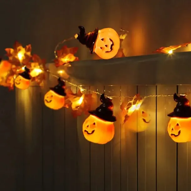 Halloween Fall Pumpkin String Lights Hat Pumpkin Maple Leaf String Lights 3M-20LEDs 1.5M-10LEDs Battery Powered Home Party Holiday Halloween Decoration Lights