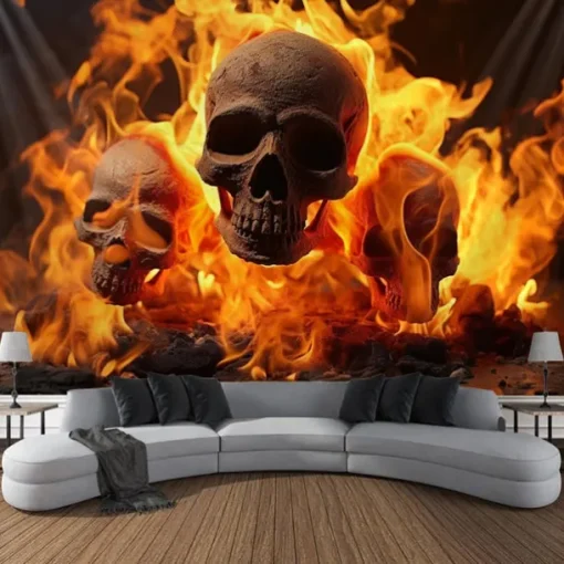 Halloween Fire Skulls Hanging Tapestry Wall Art Large Tapestry Mural Decor Photograph Backdrop Blanket Curtain Home Bedroom Living Room Decorations