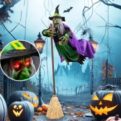 Halloween Flying Witch Decoration Scary Sounds Lights Outdoor Garden Yard Decor Large Hovering Witch Prop with Glowing Eyes Spooky Sounds
