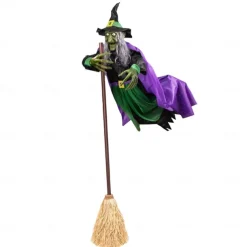 Halloween Flying Witch Decoration Scary Sounds Lights Outdoor Garden Yard Decor Large Hovering Witch Prop with Glowing Eyes Spooky Sounds