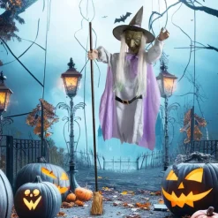 Halloween Flying Witch Decoration Scary Sounds Lights Outdoor Garden Yard Decor Large Hovering Witch Prop with Glowing Eyes Spooky Sounds