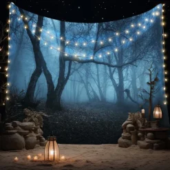 Halloween Forest Scene Wall Tapestry Backdrop – Spooky Dark Woods with Jack-o'-Lanterns, Creepy Night Atmosphere, Haunted Home Decoration for 2025 Halloween bedroom and livingroom