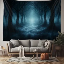 Halloween Forest Scene Wall Tapestry Backdrop – Spooky Dark Woods with Jack-o'-Lanterns, Creepy Night Atmosphere, Haunted Home Decoration for 2025 Halloween bedroom and livingroom