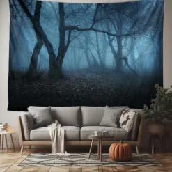 Halloween Forest Scene Wall Tapestry Backdrop – Spooky Dark Woods with Jack-o'-Lanterns, Creepy Night Atmosphere, Haunted Home Decoration for 2025 Halloween bedroom and livingroom