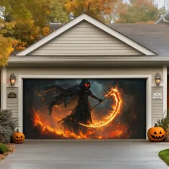 Halloween Garage Door Cover Large Hanging Backdrop Grim Reaper Dark Punk Gothic Style Party Outdoor Shooting Backgrounds Front Door Decorations Wall Door Background