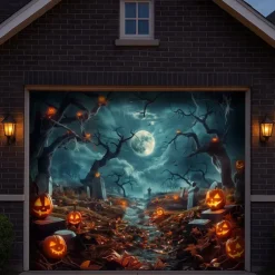 Halloween Garage Door Cover – Haunted Graveyard with Ghosts & Full Moon, Spooky Outdoor Decoration for 2025 Halloween Home Front Yard