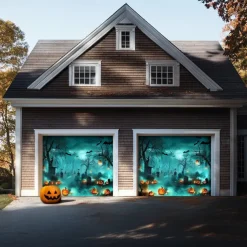 Halloween Garage Door Cover – Haunted Graveyard with Ghosts & Full Moon, Spooky Outdoor Decoration for 2025 Halloween Home Front Yard