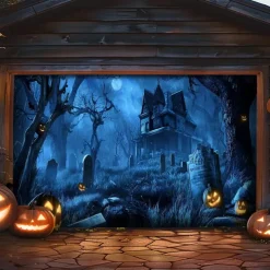 Halloween Garage Door Cover – Haunted Graveyard with Ghosts & Full Moon, Spooky Outdoor Decoration for 2025 Halloween Home Front Yard