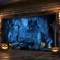 Halloween Garage Door Cover – Haunted Graveyard with Ghosts & Full Moon, Spooky Outdoor Decoration for 2025 Halloween Home Front Yard