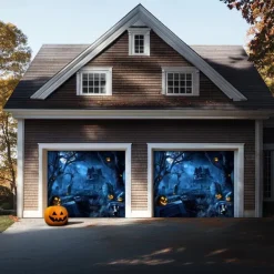 Halloween Garage Door Cover – Haunted Graveyard with Ghosts & Full Moon, Spooky Outdoor Decoration for 2025 Halloween Home Front Yard