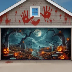 Halloween Garage Door Cover – Haunted Graveyard with Ghosts & Full Moon, Spooky Outdoor Decoration for 2025 Halloween Home Front Yard