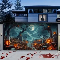 Halloween Garage Door Cover – Haunted Graveyard with Ghosts & Full Moon, Spooky Outdoor Decoration for 2025 Halloween Home Front Yard