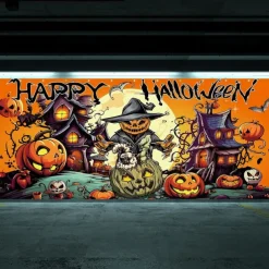 Halloween Garage Door Cover Large Hanging Backdrop Pumpkin Scarecrow Dark Punk Gothic Style Party Outdoor Shooting Backgrounds Yard Haunted House Decorations Wall Door Background