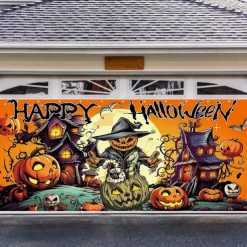 Halloween Garage Door Cover Large Hanging Backdrop Pumpkin Scarecrow Dark Punk Gothic Style Party Outdoor Shooting Backgrounds Yard Haunted House Decorations Wall Door Background