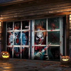 Halloween Garage Door Cover Large Hanging Backdrop Clown Dark Punk Gothic Style Party Outdoor Shooting Backgrounds Front Door Decorations Wall Door Background