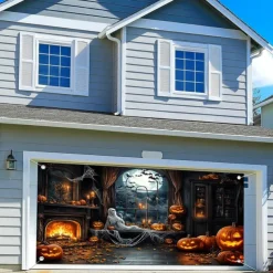 Halloween Garage Door Cover Large Hanging Backdrop Ghost Castle Dark Punk Gothic Style Party Outdoor Shooting Backgrounds Yard Haunted House Decorations Wall Door Background
