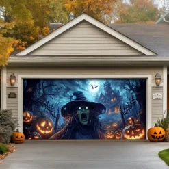 Halloween Garage Door Cover – Witch with Pumpkins & Bats, Outdoor Decoration for 2025 Halloween Home Front Yard