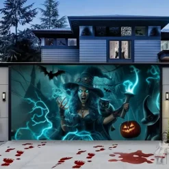 Halloween Garage Door Cover – Witch with Pumpkins & Bats, Outdoor Decoration for 2025 Halloween Home Front Yard