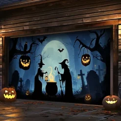 Halloween Garage Door Cover Banner Backdrop – Oversized Skeleton Moon Scene with Pumpkins, Includes Ropes and Hooks, Outdoor Decoration for 2025 Halloween Home Front Yard