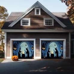 Halloween Garage Door Cover Banner Backdrop – Oversized Skeleton Moon Scene with Pumpkins, Includes Ropes and Hooks, Outdoor Decoration for 2025 Halloween Home Front Yard