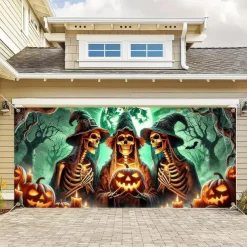 Halloween Garage Door Cover Large Hanging Backdrop Witch Dark Punk Gothic Style Party Outdoor Shooting Backgrounds Yard Haunted House Decorations Wall Door Background