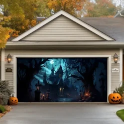 Halloween Garage Door Cover Banner Backdrop – Haunted Castle with Bats & Pumpkins, Photography Backdrop for Outdoor Decoration for 2025 Halloween Home Front Yard