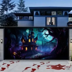 Halloween Garage Door Cover Banner Backdrop – Haunted Castle with Bats & Pumpkins, Photography Backdrop for Outdoor Decoration for 2025 Halloween Home Front Yard