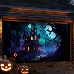 Halloween Garage Door Cover Banner Backdrop – Haunted Castle with Bats & Pumpkins, Photography Backdrop for Outdoor Decoration for 2025 Halloween Home Front Yard
