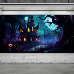 Halloween Garage Door Cover Banner Backdrop – Haunted Castle with Bats & Pumpkins, Photography Backdrop for Outdoor Decoration for 2025 Halloween Home Front Yard