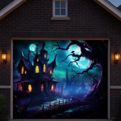 Halloween Garage Door Cover Banner Backdrop – Haunted Castle with Bats & Pumpkins, Photography Backdrop for Outdoor Decoration for 2025 Halloween Home Front Yard