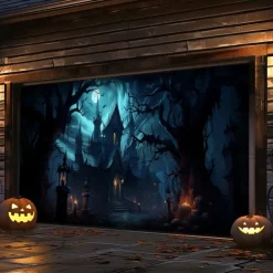 Halloween Garage Door Cover Banner Backdrop – Haunted Castle with Bats & Pumpkins, Photography Backdrop for Outdoor Decoration for 2025 Halloween Home Front Yard