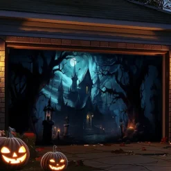 Halloween Garage Door Cover Banner Backdrop – Haunted Castle with Bats & Pumpkins, Photography Backdrop for Outdoor Decoration for 2025 Halloween Home Front Yard