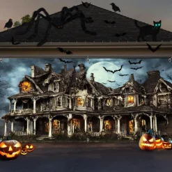 Halloween Garage Door Cover Large Hanging Backdrop Castle Dark Punk Gothic Style Party Outdoor Shooting Backgrounds Yard Haunted House Decorations Wall Door Background