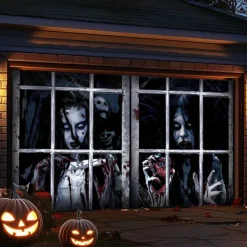 Halloween Garage Door Cover Large Hanging Backdrop Ghost Zombie Containment Unit 3D Dark Punk Gothic Style Party Outdoor Shooting Backgrounds Yard Haunted House Decorations Wall Door Background