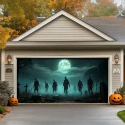 Halloween Garage Door Cover Banner Backdrop – Moonlit Pumpkin Field with Zombie Hands, Oversized Front Yard Decoration for 2025 Halloween, Includes Hanging Accessories