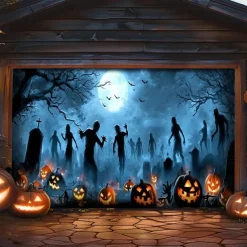 Halloween Garage Door Cover Banner Backdrop – Moonlit Pumpkin Field with Zombie Hands, Oversized Front Yard Decoration for 2025 Halloween, Includes Hanging Accessories