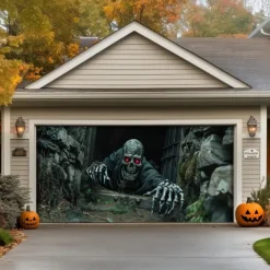 Halloween Garage Door Cover Banner Backdrop – Moonlit Pumpkin Field with Zombie Hands, Oversized Front Yard Decoration for 2025 Halloween, Includes Hanging Accessories
