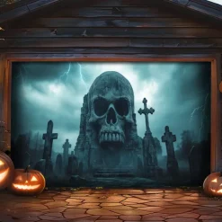 Halloween Garage Door Cover Banner Backdrop – Moonlit Pumpkin Field with Zombie Hands, Oversized Front Yard Decoration for 2025 Halloween, Includes Hanging Accessories