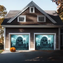 Halloween Garage Door Cover Banner Backdrop – Moonlit Pumpkin Field with Zombie Hands, Oversized Front Yard Decoration for 2025 Halloween, Includes Hanging Accessories