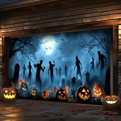 Halloween Garage Door Cover Banner Backdrop – Moonlit Pumpkin Field with Zombie Hands, Oversized Front Yard Decoration for 2025 Halloween, Includes Hanging Accessories