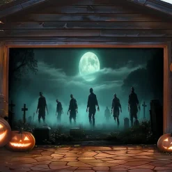 Halloween Garage Door Cover Banner Backdrop – Moonlit Pumpkin Field with Zombie Hands, Oversized Front Yard Decoration for 2025 Halloween, Includes Hanging Accessories