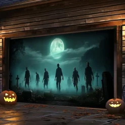 Halloween Garage Door Cover Banner Backdrop – Moonlit Pumpkin Field with Zombie Hands, Oversized Front Yard Decoration for 2025 Halloween, Includes Hanging Accessories