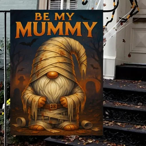 Halloween Garden Flag Banner – "Be My Mummy" Wrapped Mummy with Tombstone, Double-Sided Weather-Resistant Yard Flag for 2025 Halloween Holiday Outdoor Lawn, Porch Decoration