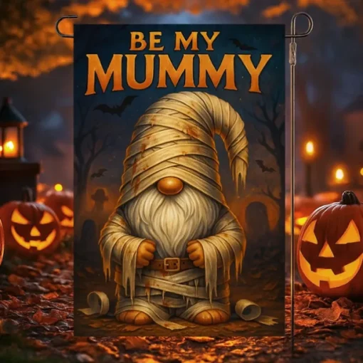 Halloween Garden Flag Banner – "Be My Mummy" Wrapped Mummy with Tombstone, Double-Sided Weather-Resistant Yard Flag for 2025 Halloween Holiday Outdoor Lawn, Porch Decoration