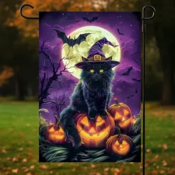 Halloween Garden Flag Banner – Three Costumed Cats under Moonlight, Double-Sided Weather-Resistant Yard Flag for 2025 Halloween Holiday Outdoor Lawn, Porch Decoration