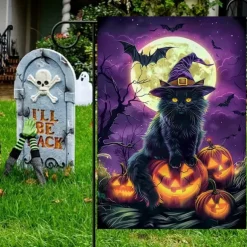 Halloween Garden Flag Banner – Three Costumed Cats under Moonlight, Double-Sided Weather-Resistant Yard Flag for 2025 Halloween Holiday Outdoor Lawn, Porch Decoration