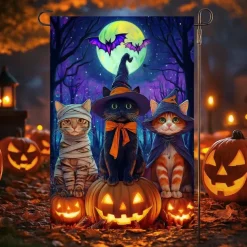 Halloween Garden Flag Banner – Three Costumed Cats under Moonlight, Double-Sided Weather-Resistant Yard Flag for 2025 Halloween Holiday Outdoor Lawn, Porch Decoration