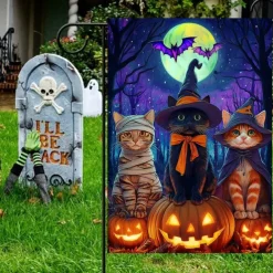 Halloween Garden Flag Banner – Three Costumed Cats under Moonlight, Double-Sided Weather-Resistant Yard Flag for 2025 Halloween Holiday Outdoor Lawn, Porch Decoration